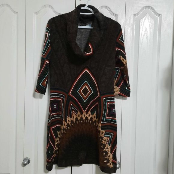 Smashed Lemon Navaho Graphic Cowl Neck Midi Sweater Dress Size Large - Picture 1 of 9
